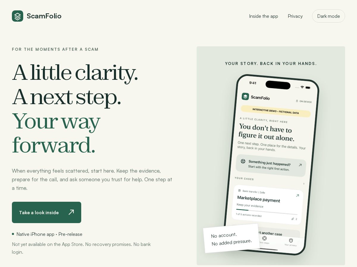 Landing-page snapshot of scamfolio.com