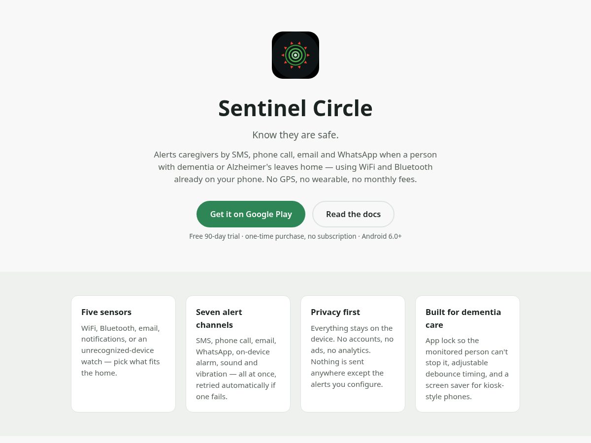 Landing-page snapshot of sentinelcircle.app