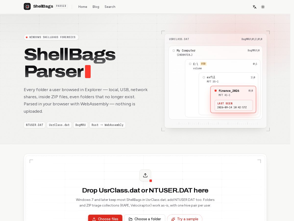 Landing-page snapshot of shellbagsparser.com