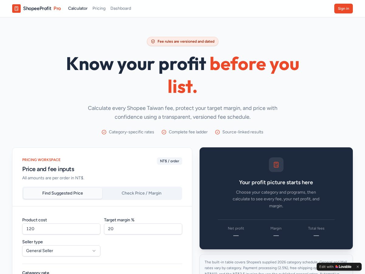 Landing-page snapshot of shopeeprofit.app