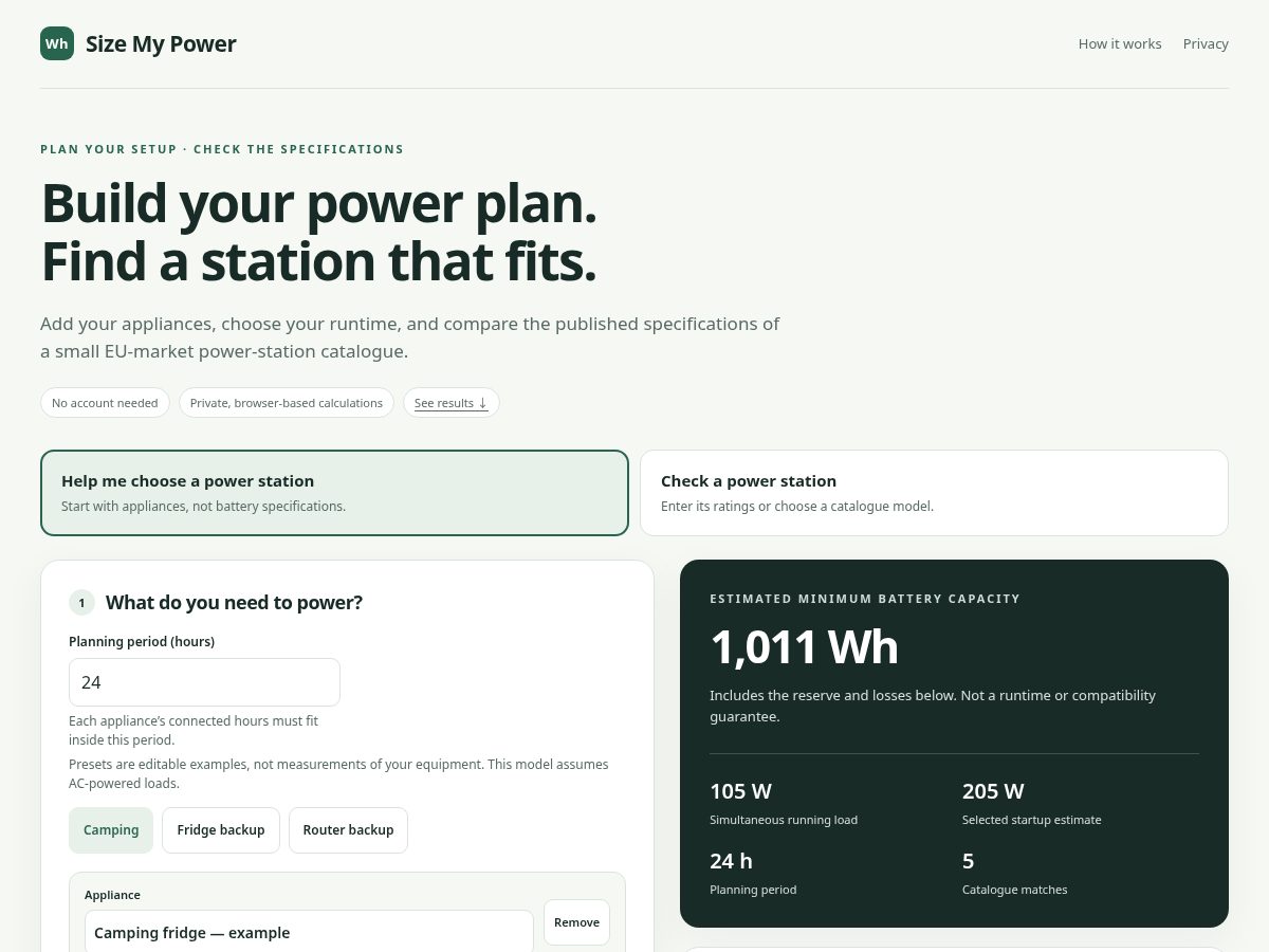 Landing-page snapshot of sizemypower.com