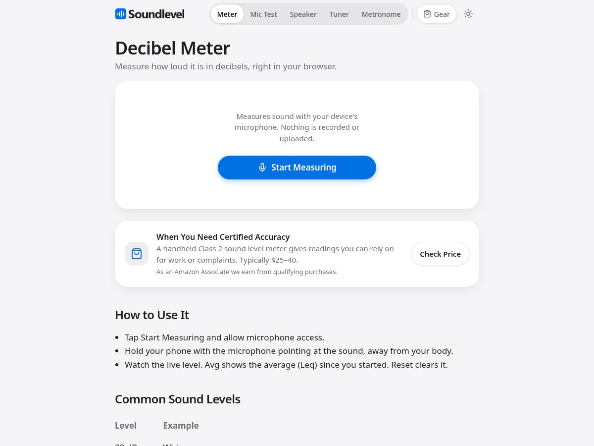 Landing-page snapshot of soundlevel.app