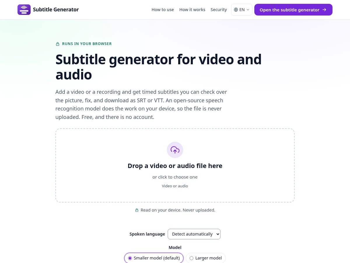 Landing-page snapshot of subtitle-generator.online