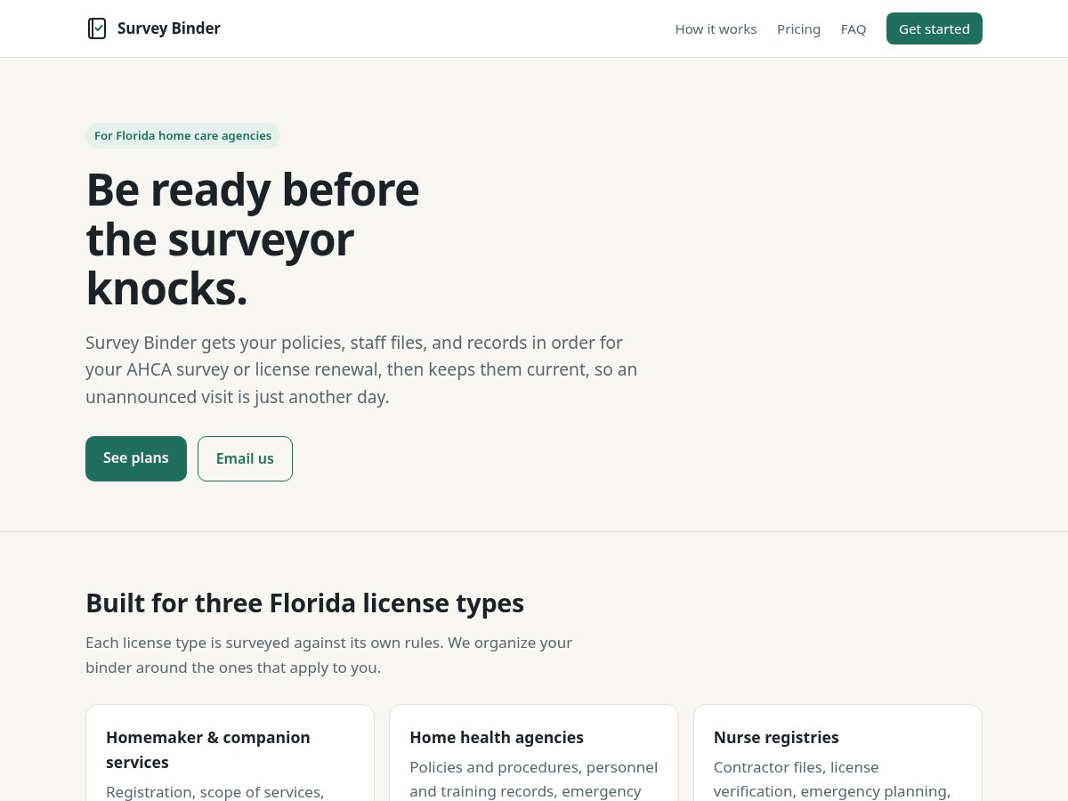 Landing-page snapshot of surveybinder.com