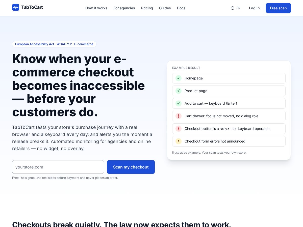 Landing-page snapshot of tabtocart.com