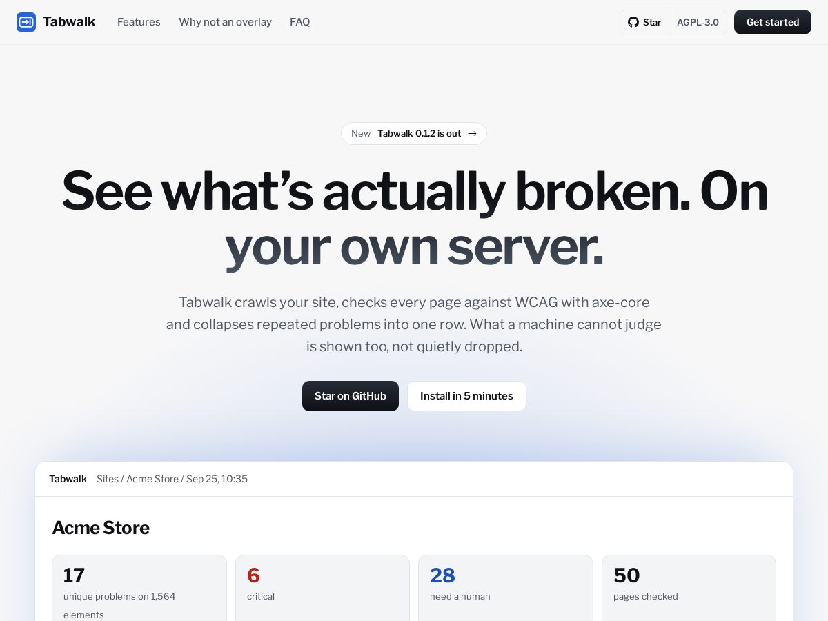 Landing-page snapshot of tabwalk.dev