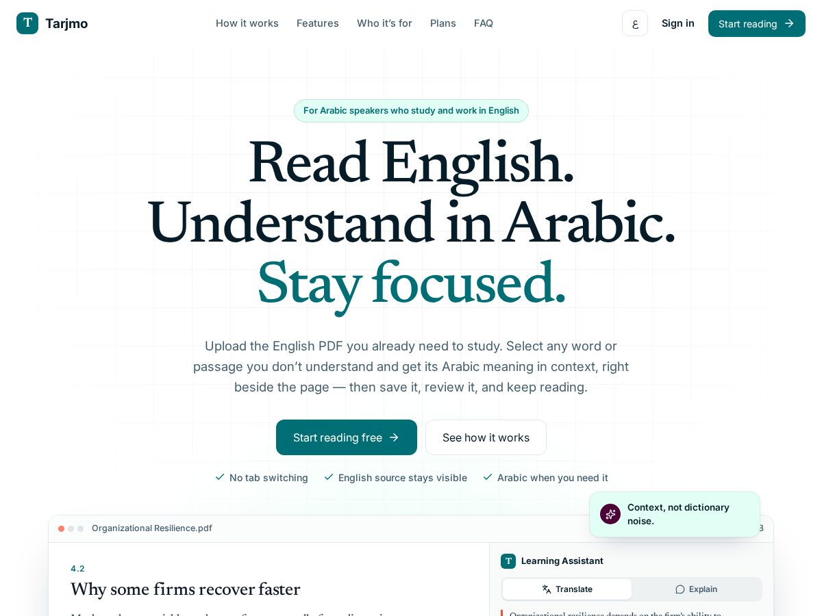 Landing-page snapshot of tarjmo.com