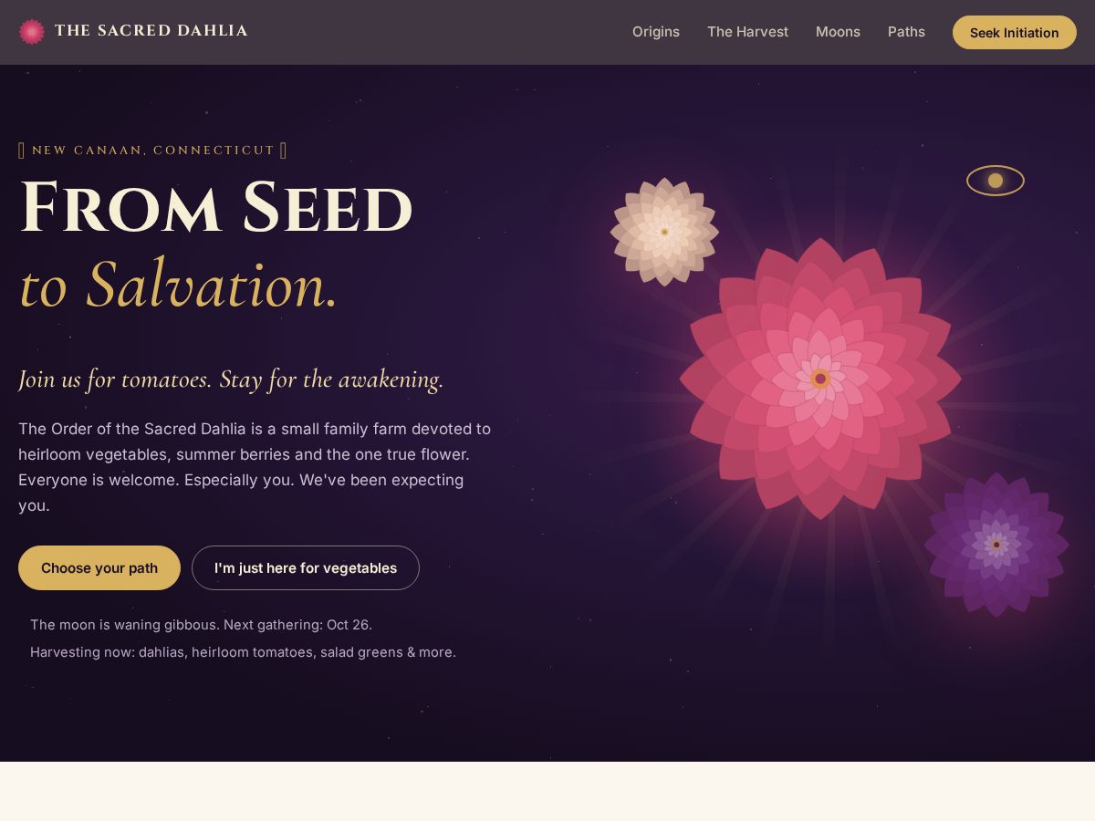 Landing-page snapshot of thesacreddahlia.com