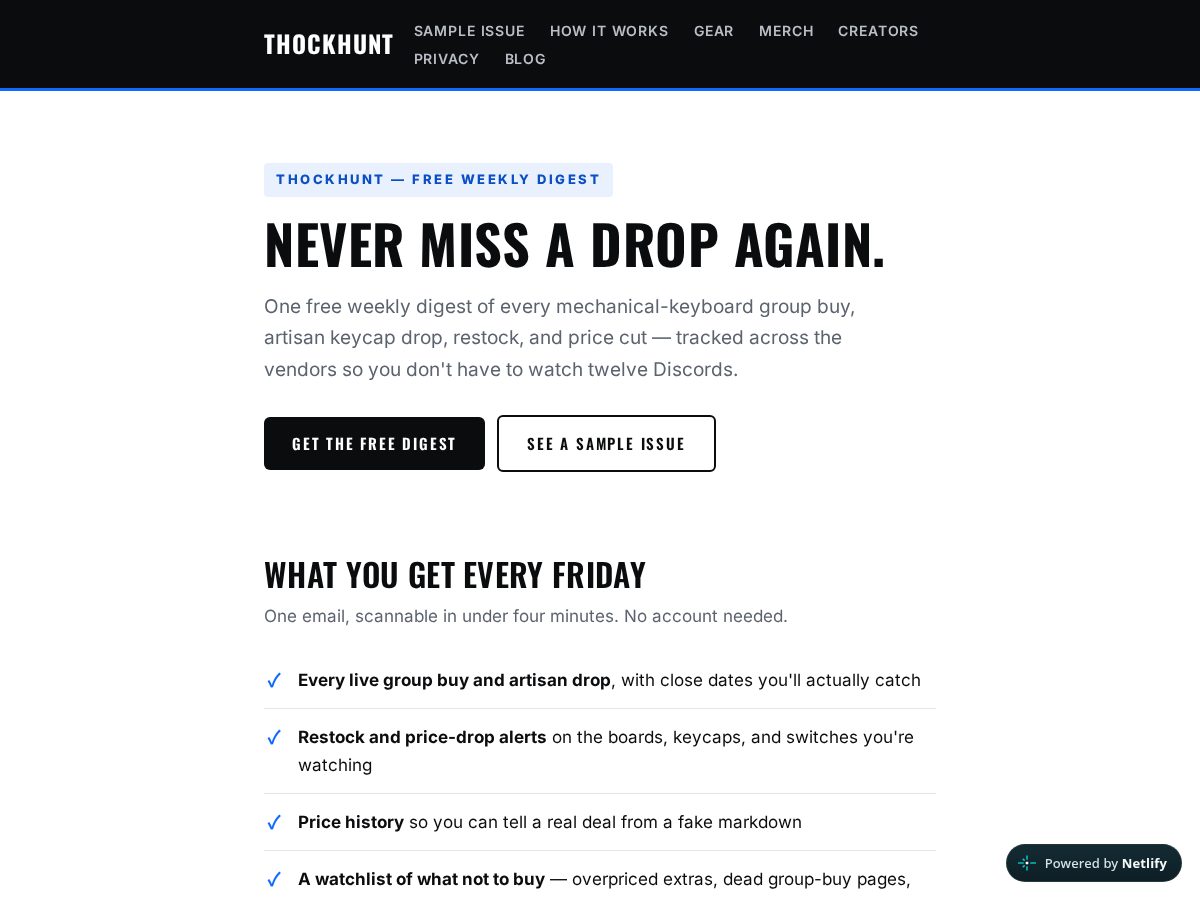 Landing-page snapshot of thockhunt.com