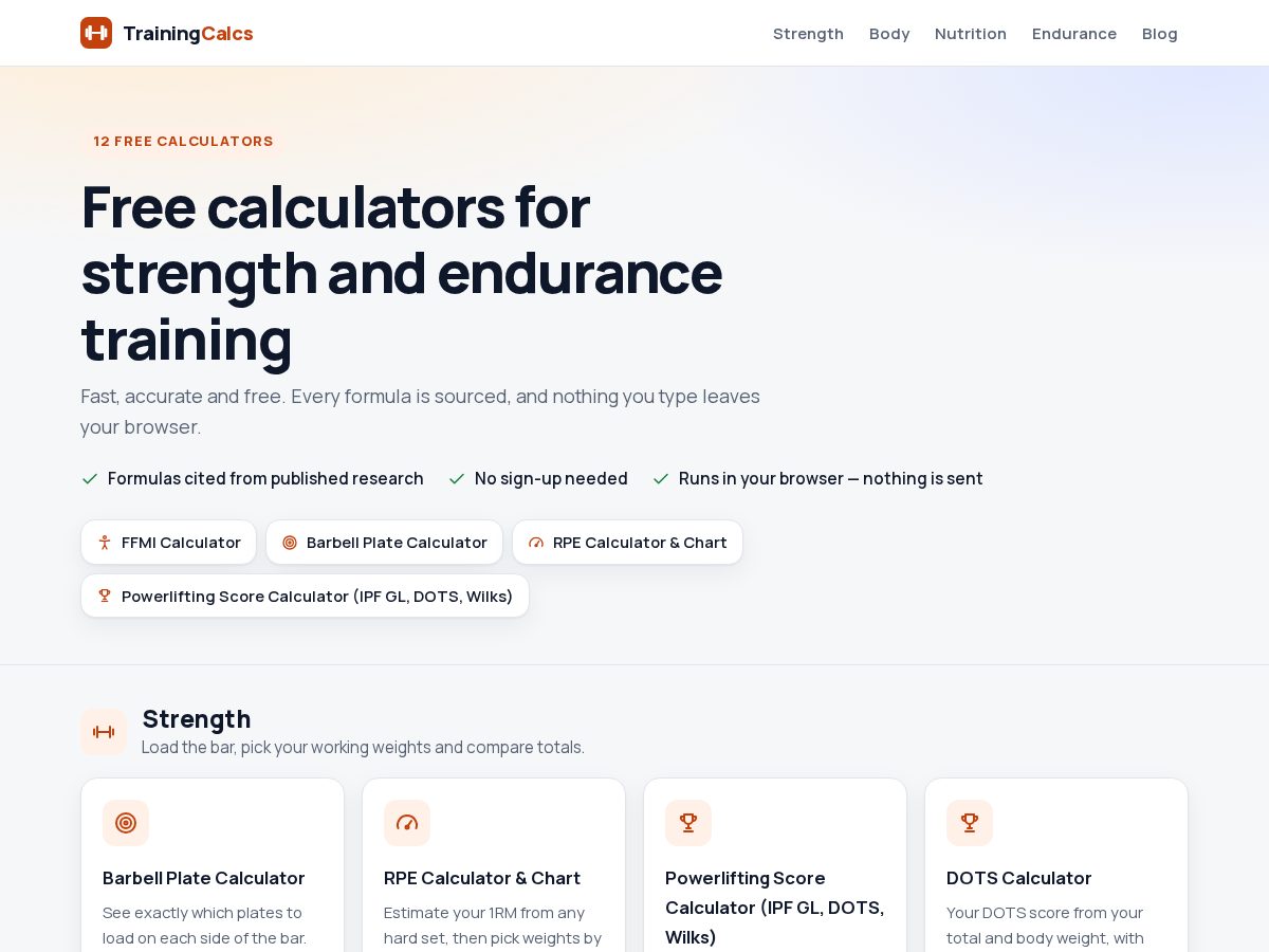 Landing-page snapshot of trainingcalcs.com