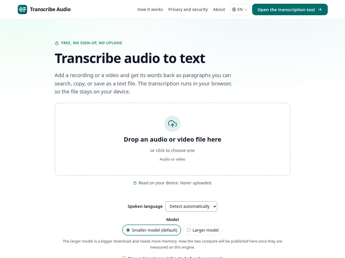 Landing-page snapshot of transcribe-audio.online