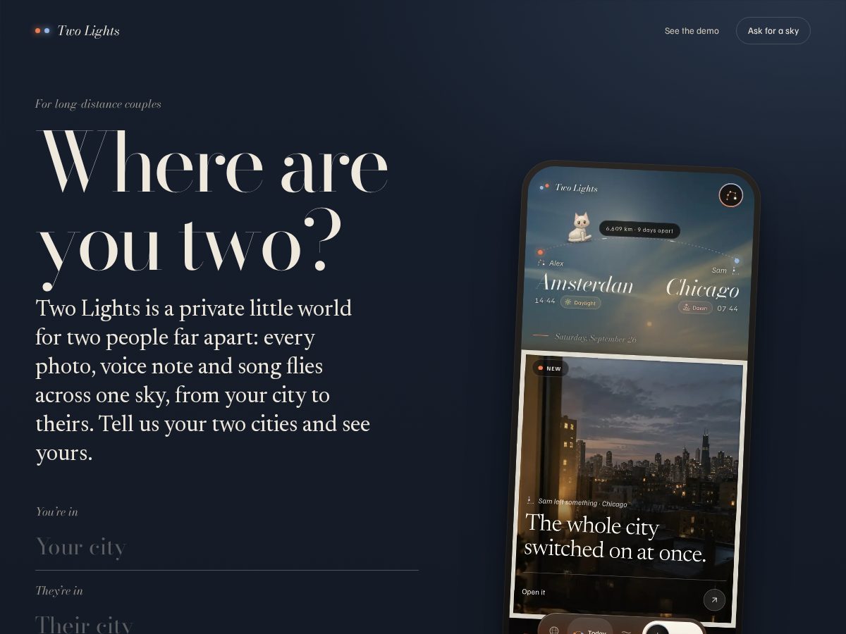 Landing-page snapshot of twolights.app