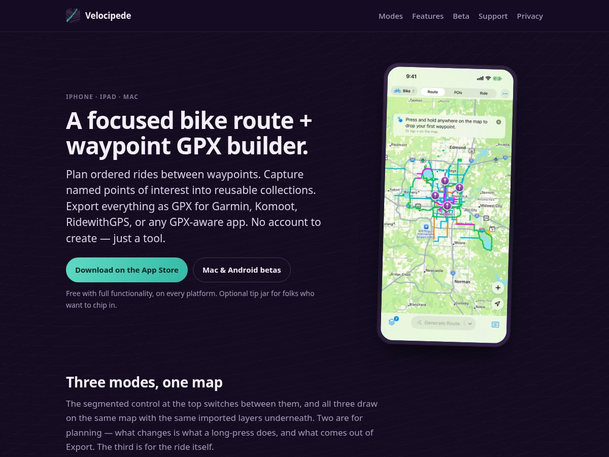 Landing-page snapshot of velocipede.app