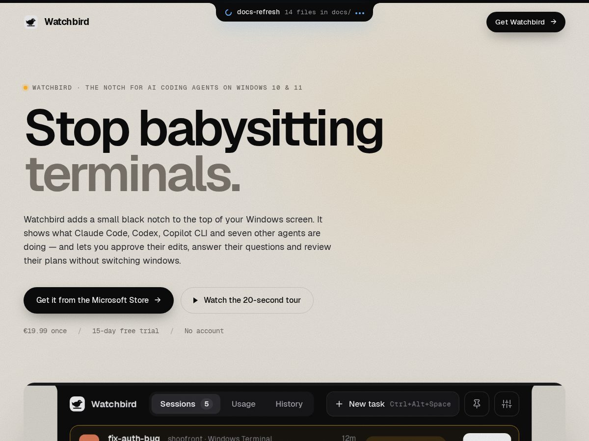 Landing-page snapshot of watchbird.app