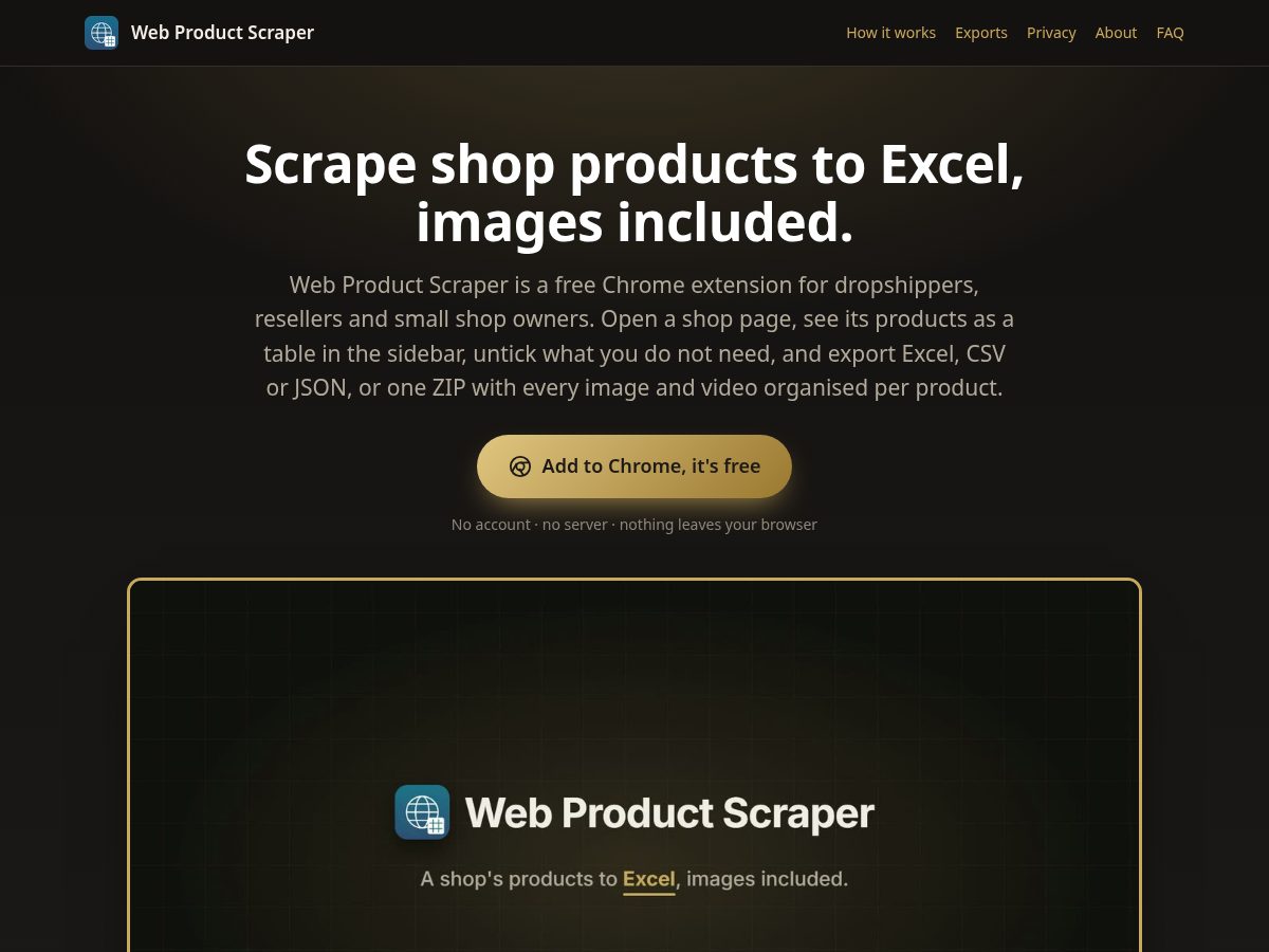Landing-page snapshot of webproductscraper.com