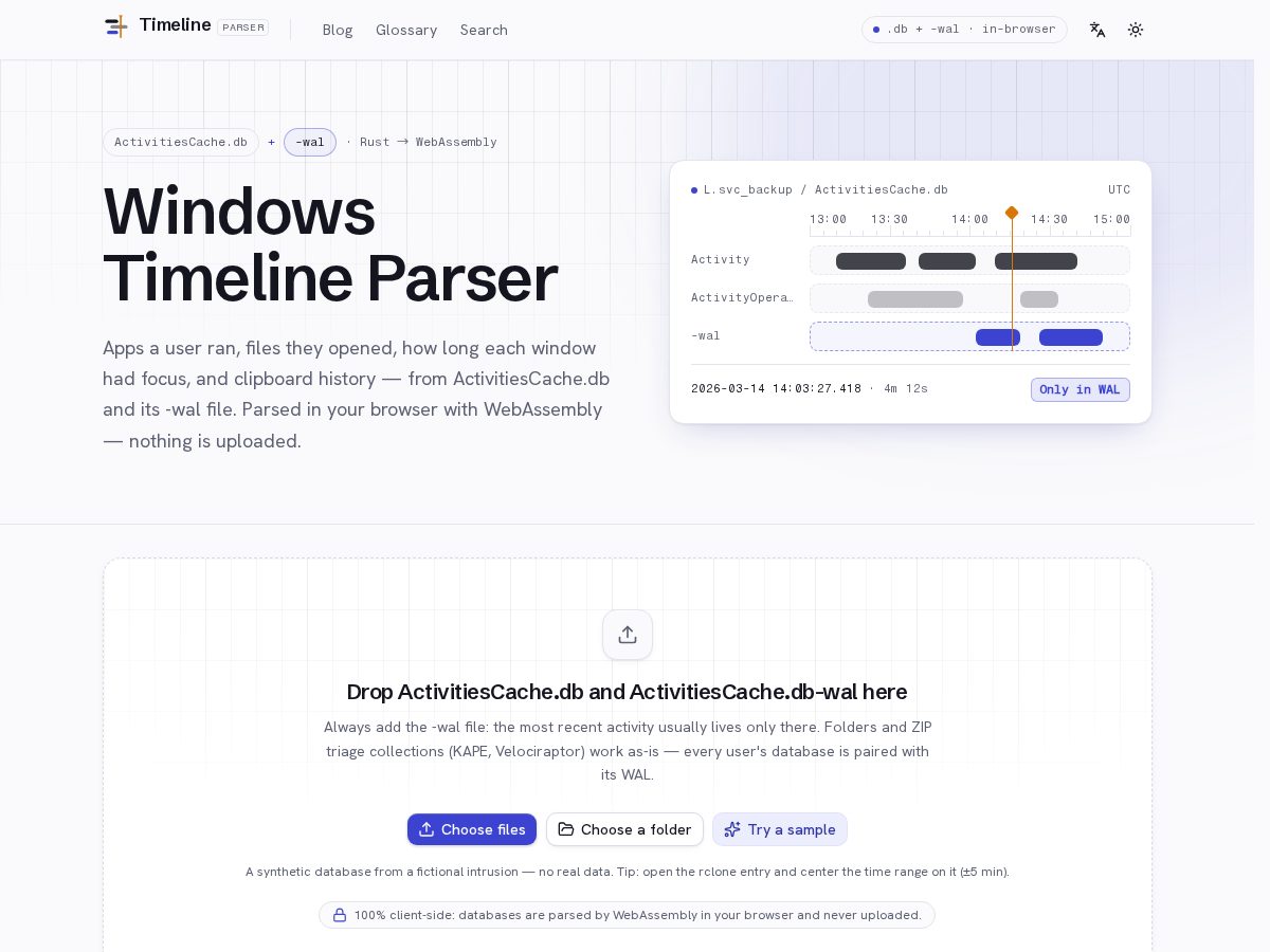 Landing-page snapshot of windowstimelineparser.com