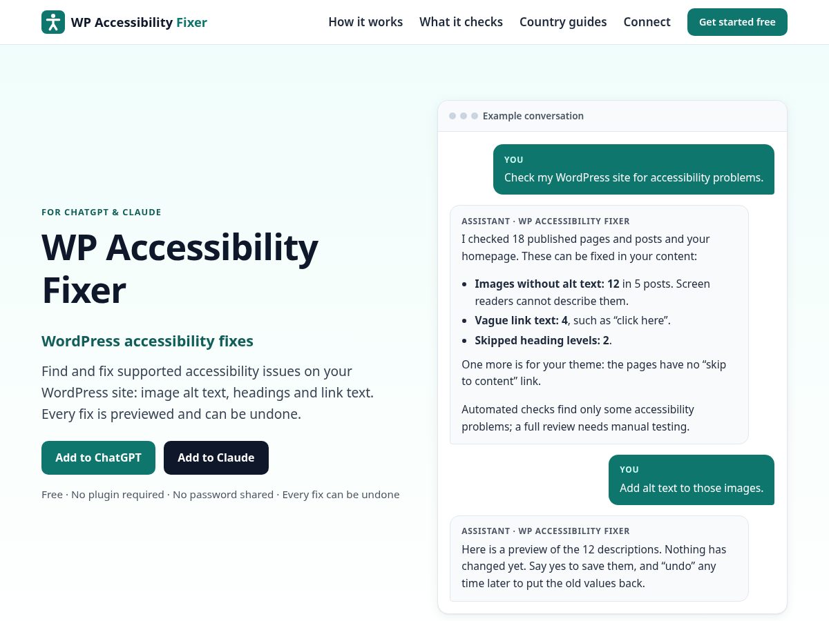 Landing-page snapshot of wpaccessibilityfixer.com