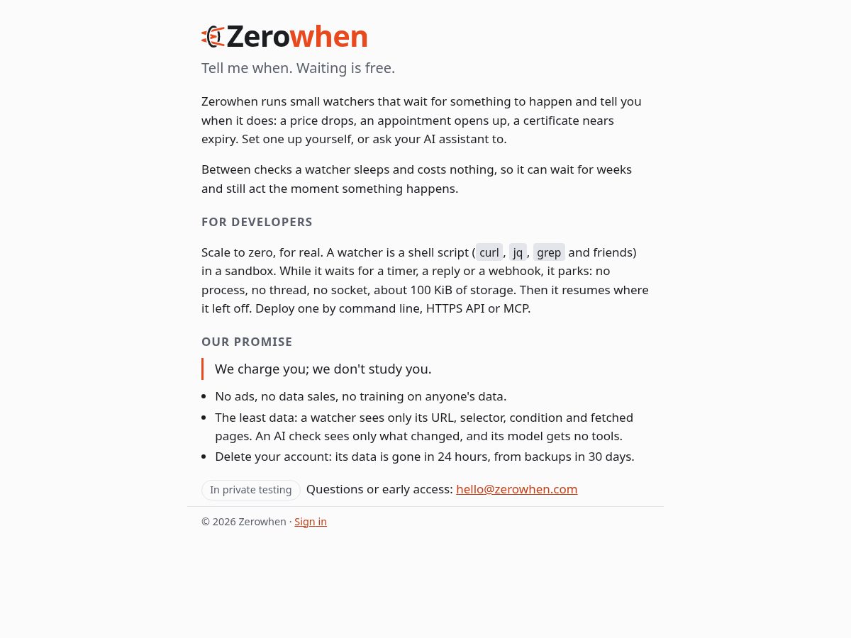 Landing-page snapshot of zerowhen.com
