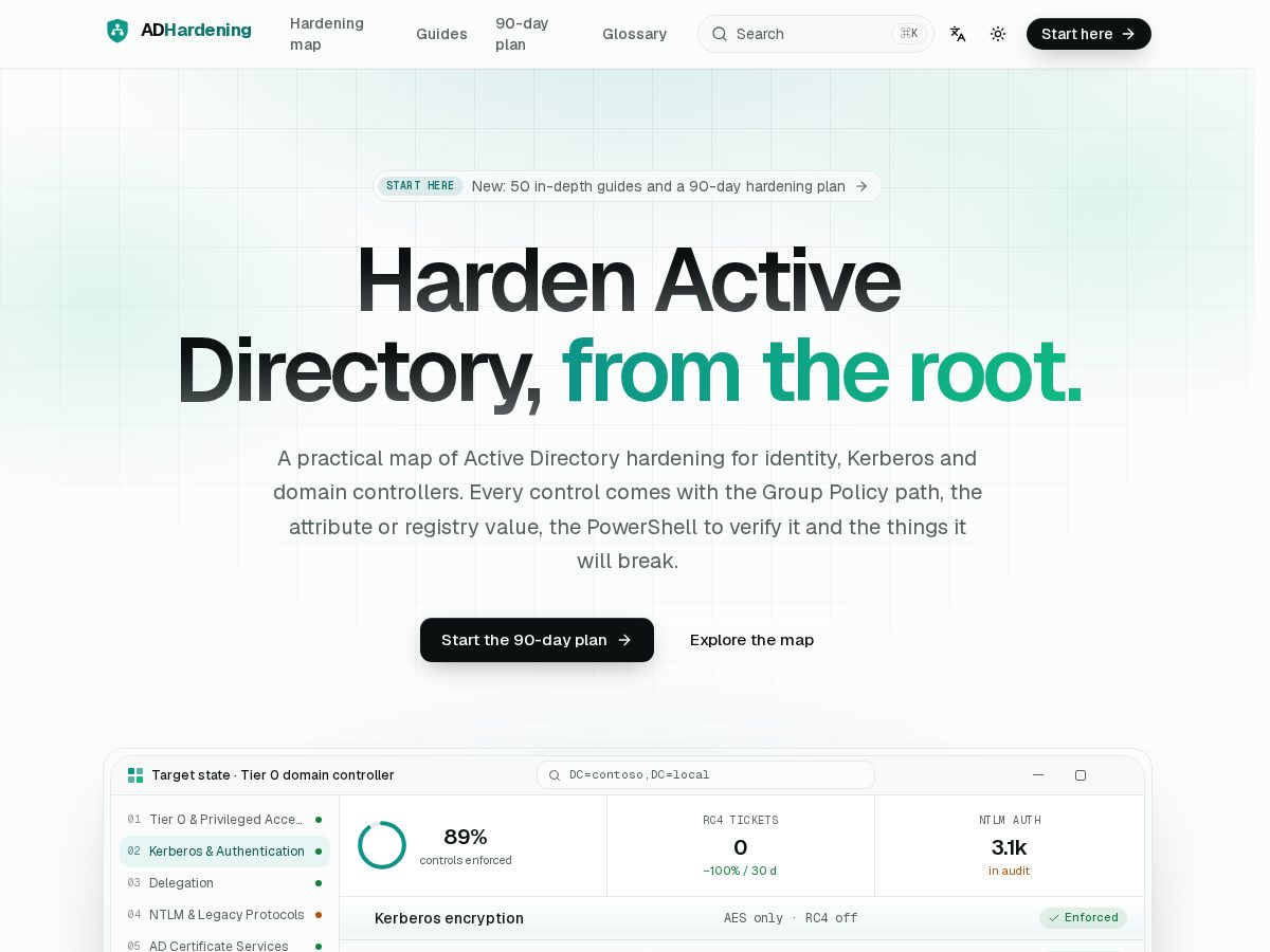 Landing-page snapshot of activedirectoryhardening.com