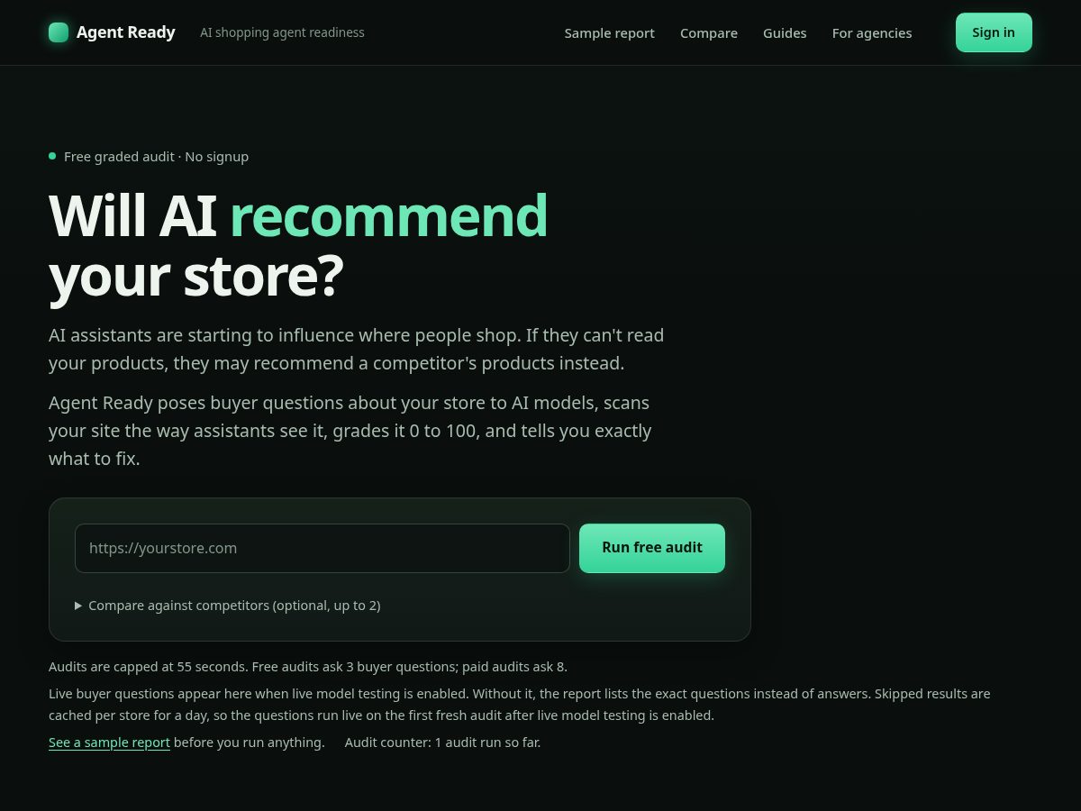 Landing-page snapshot of agentreadycheckup.com