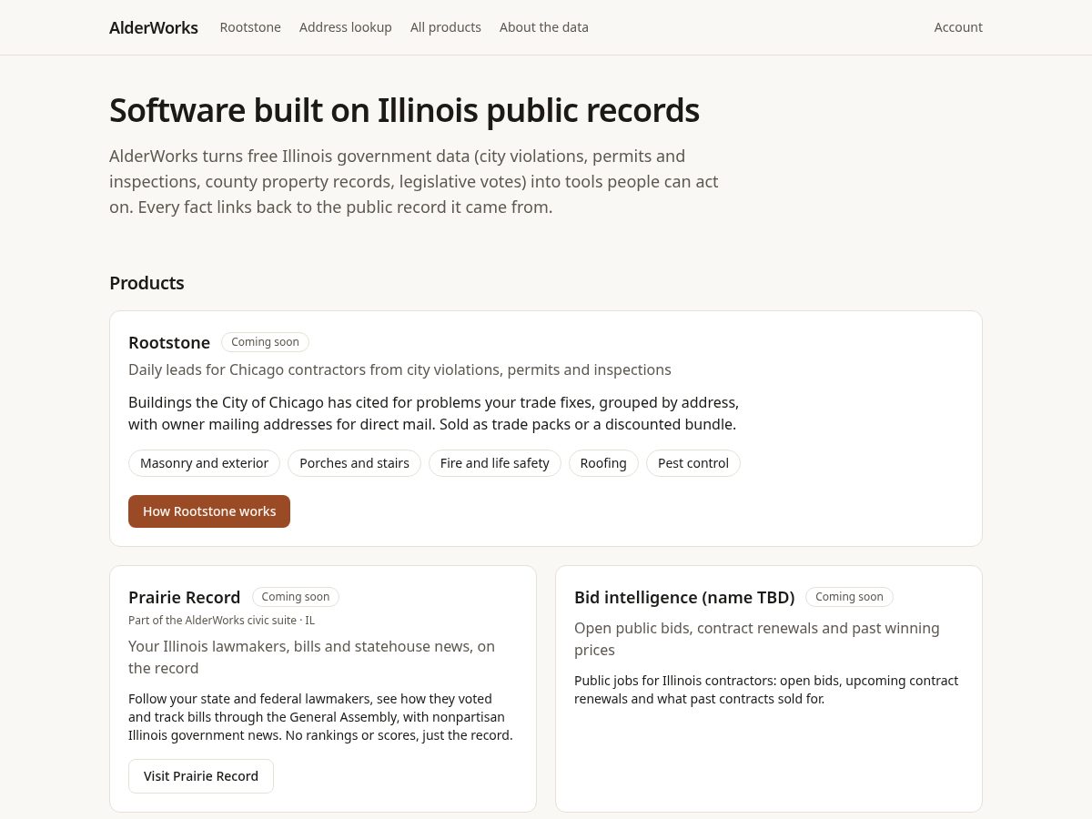 Landing-page snapshot of alderworksllc.com
