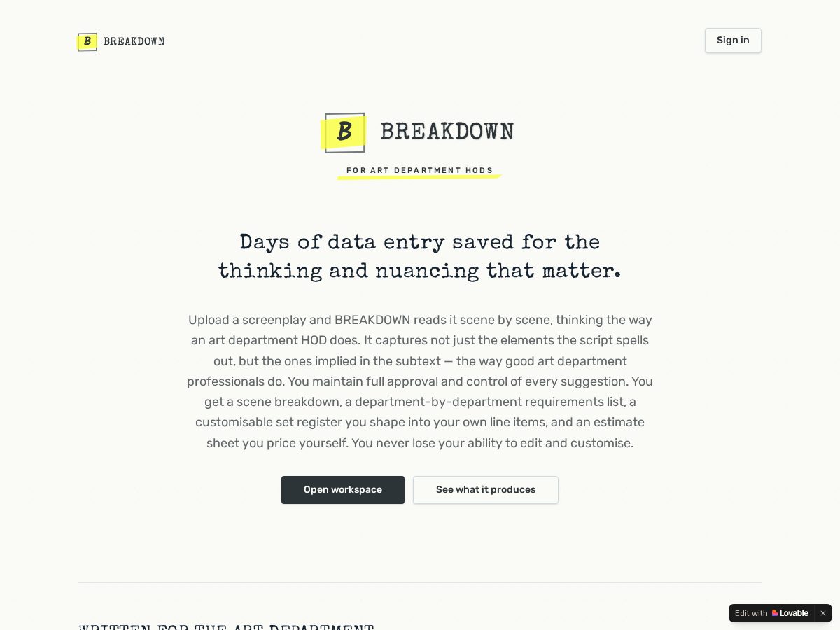 Landing-page snapshot of artdeptbreakdown.com