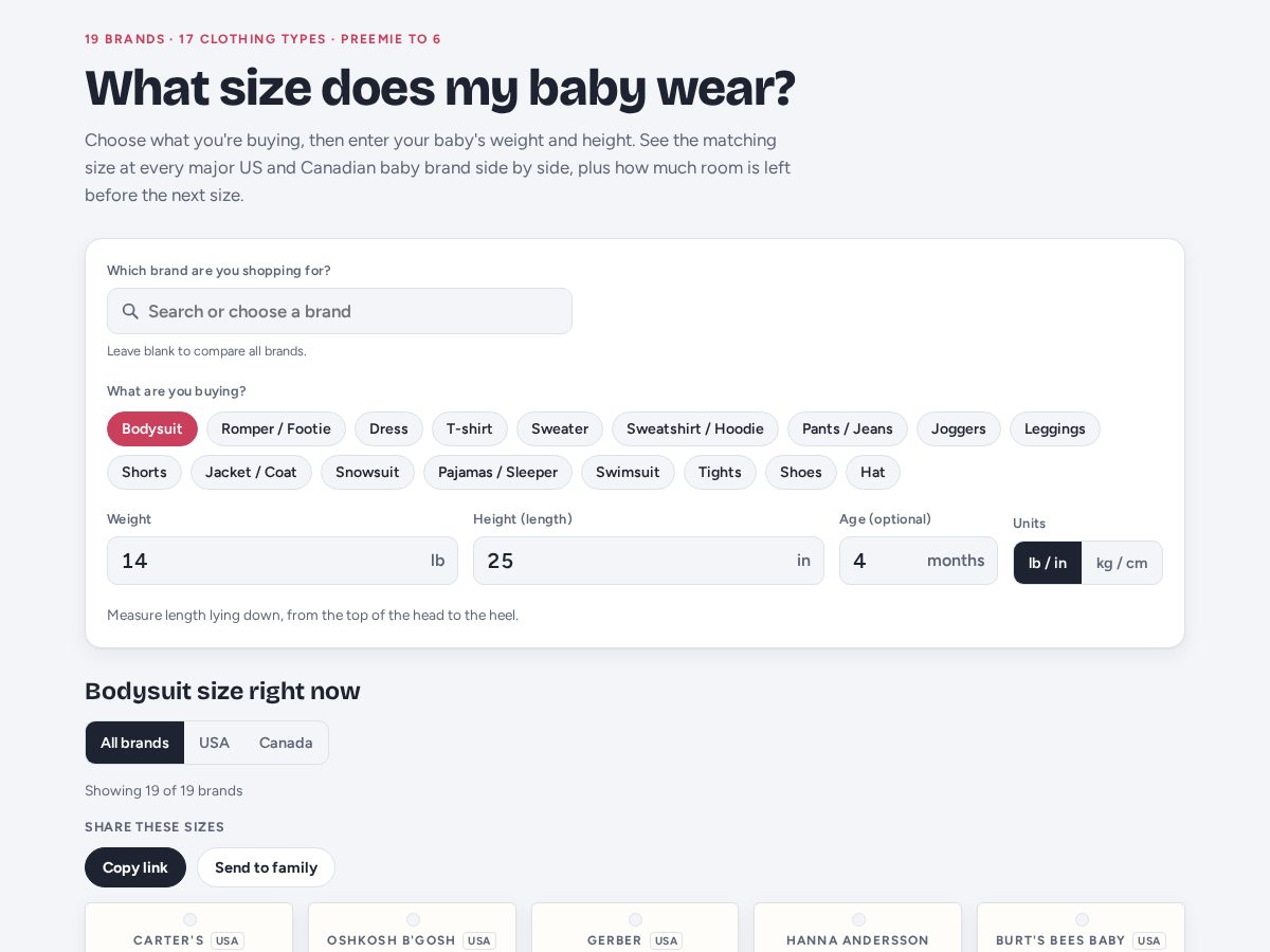 Landing-page snapshot of babysizefinder.com