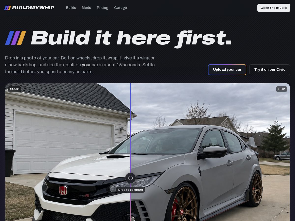 Landing-page snapshot of buildmywhip.com