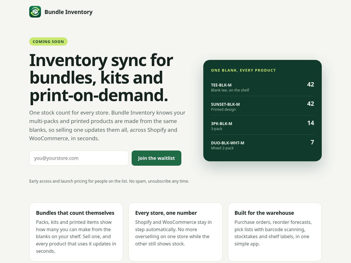 Landing-page snapshot of bundleinventory.com