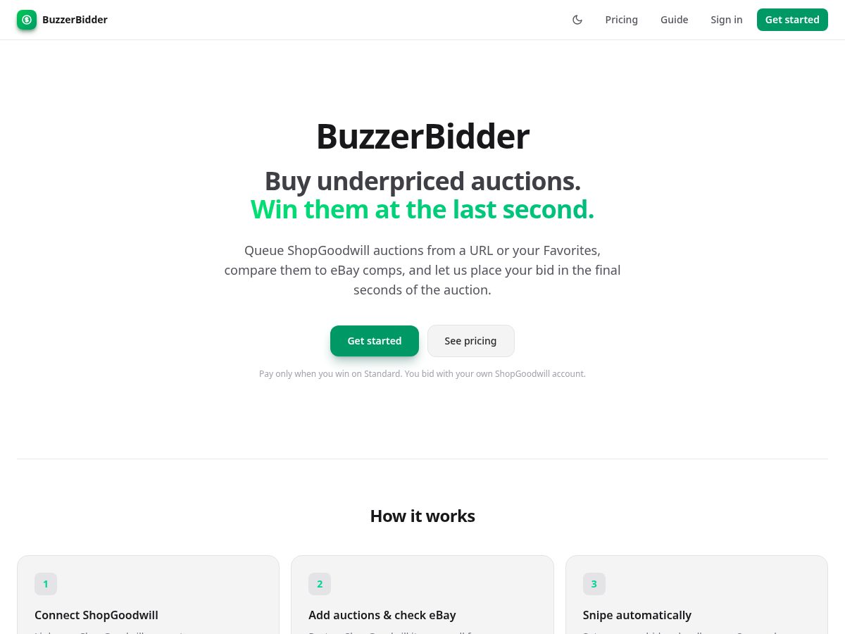 Landing-page snapshot of buzzerbidder.com
