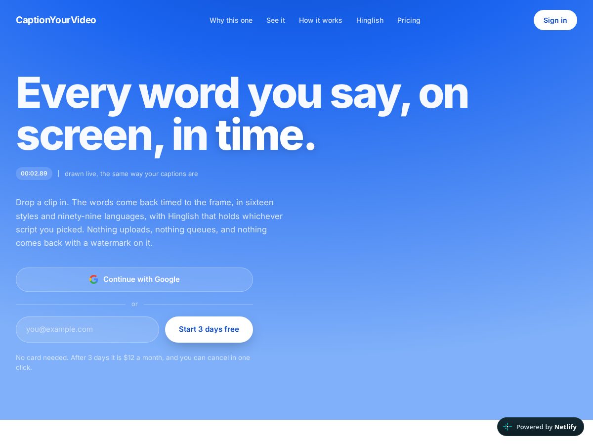 Landing-page snapshot of captionyourvideo.com