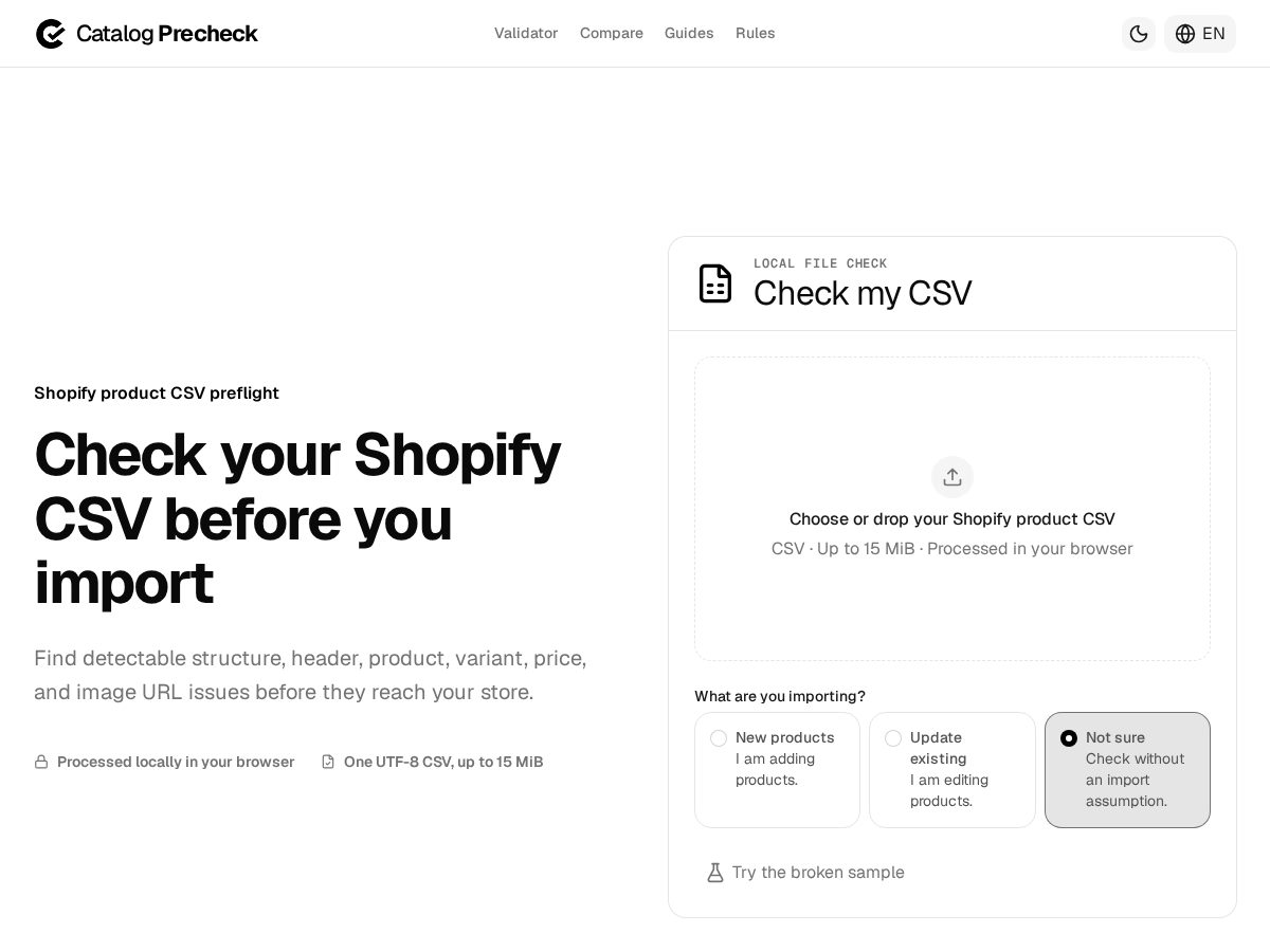 Landing-page snapshot of catalogprecheck.com
