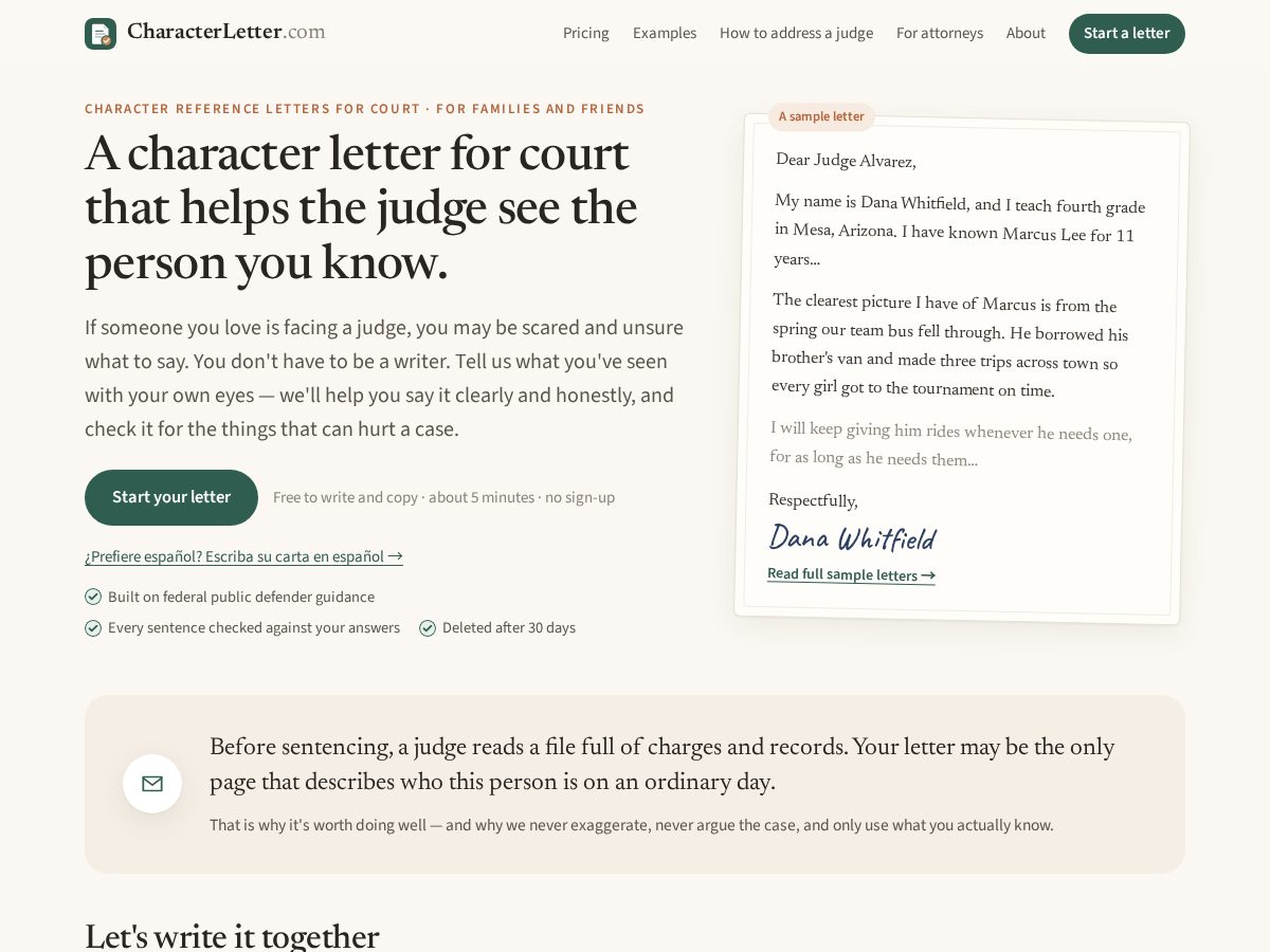 Landing-page snapshot of characterletter.com