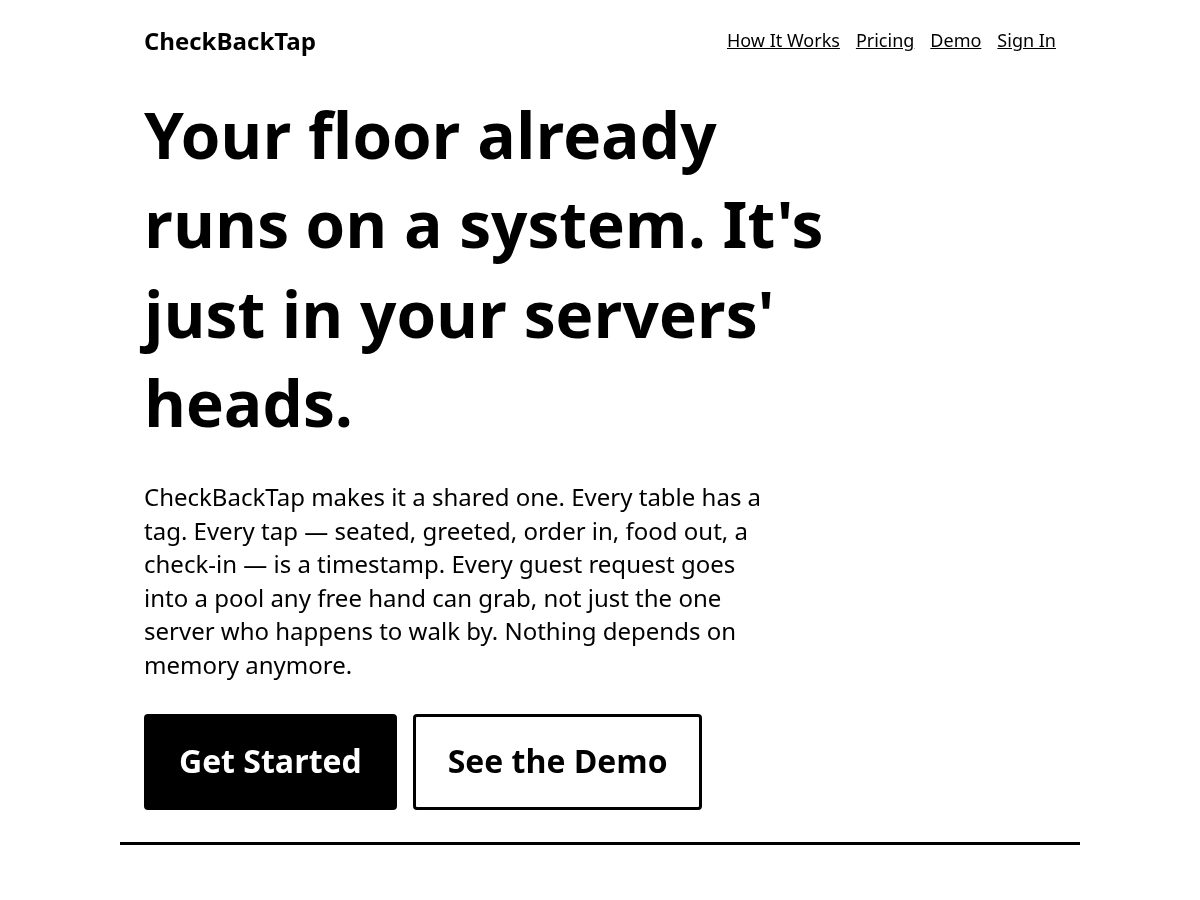 Landing-page snapshot of checkbacktap.com