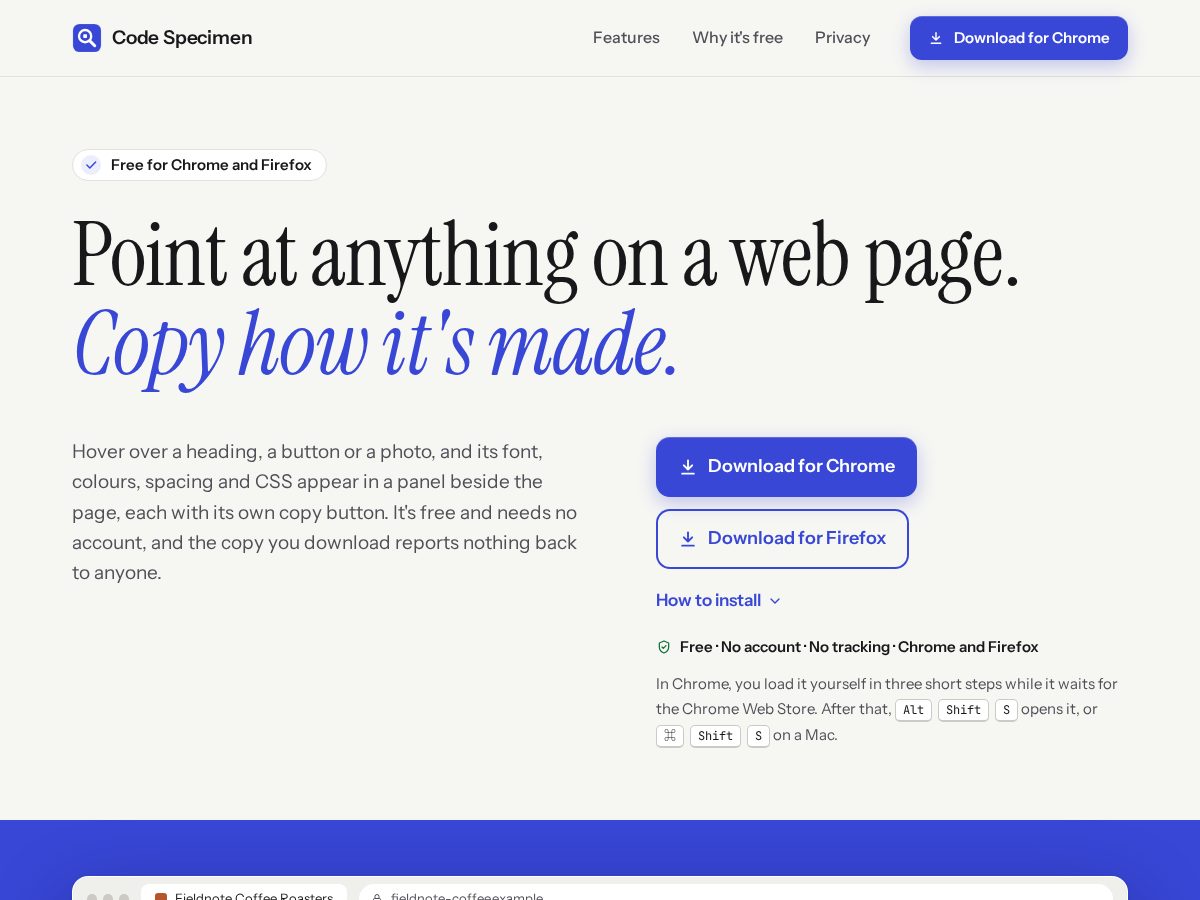 Landing-page snapshot of codespecimen.com