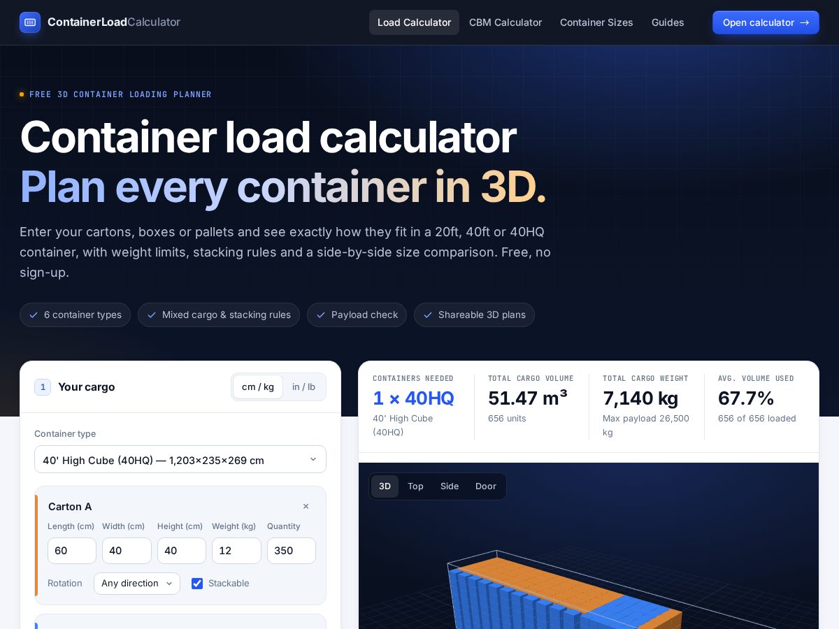 Landing-page snapshot of containerloadcalculator.com