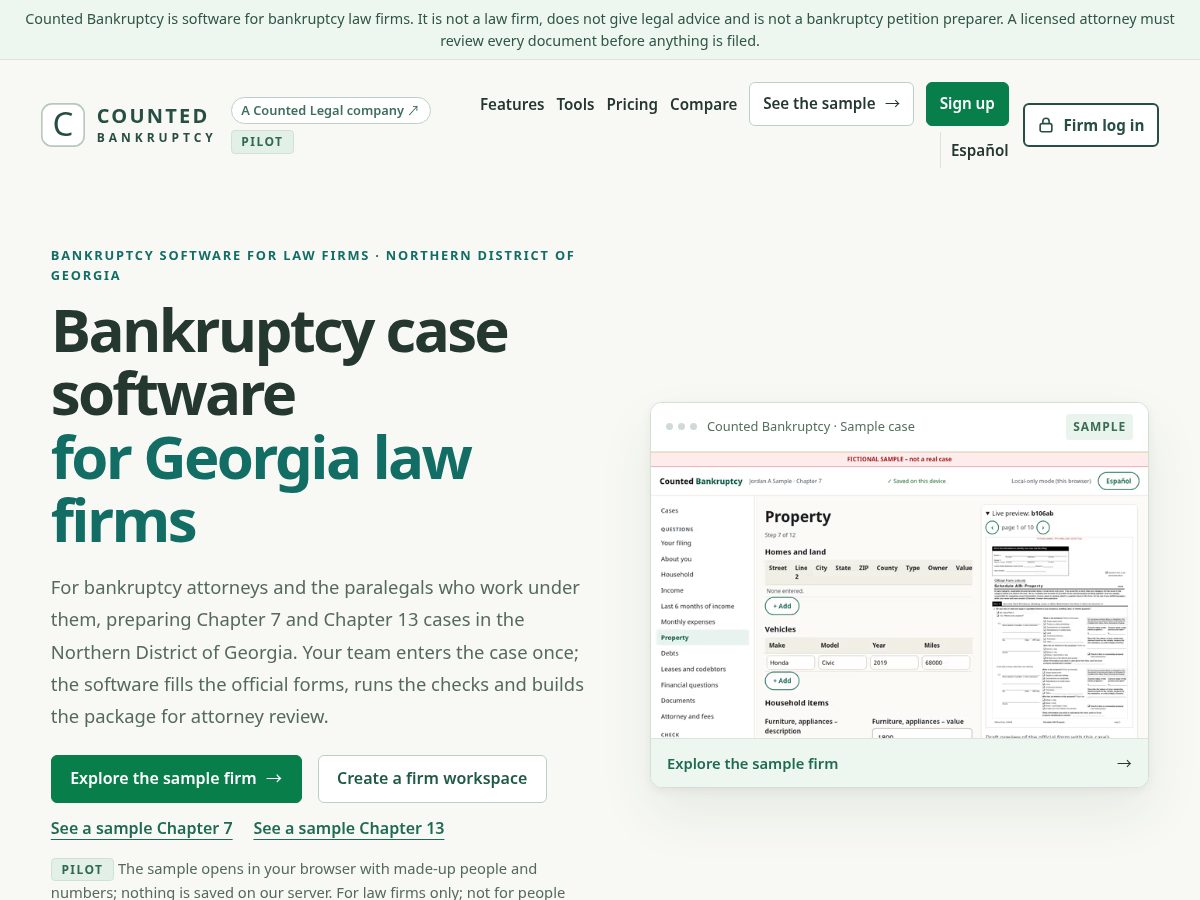 Landing-page snapshot of countedbankruptcy.com