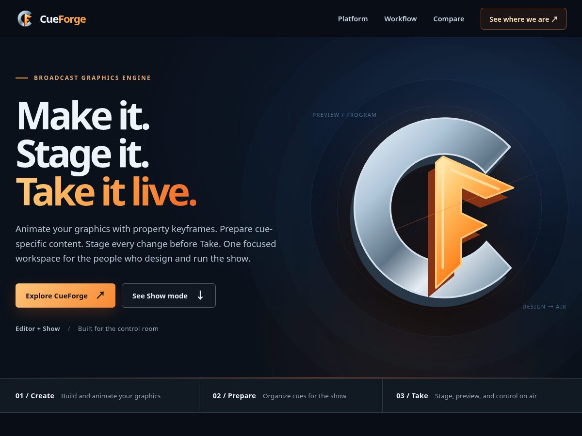 Landing-page snapshot of cueforge.live