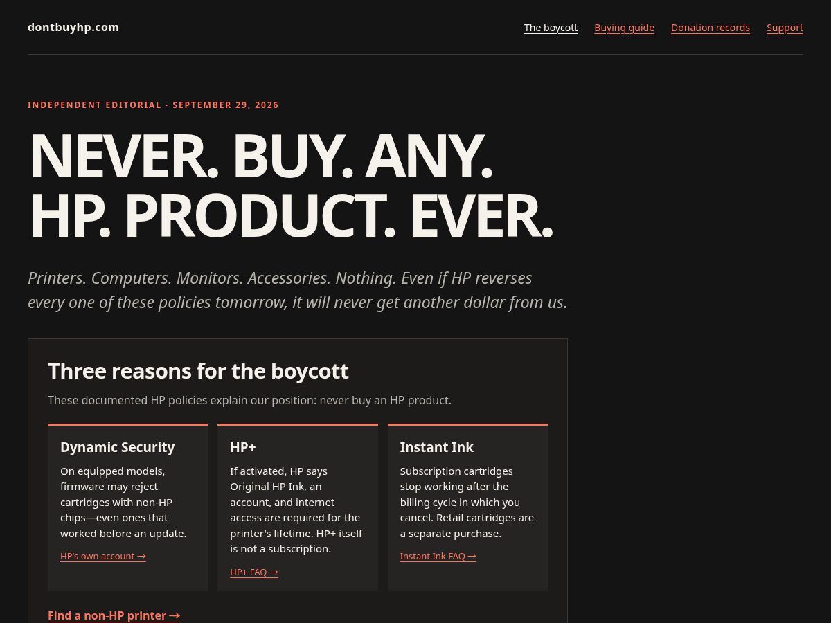 Landing-page snapshot of dontbuyhp.com