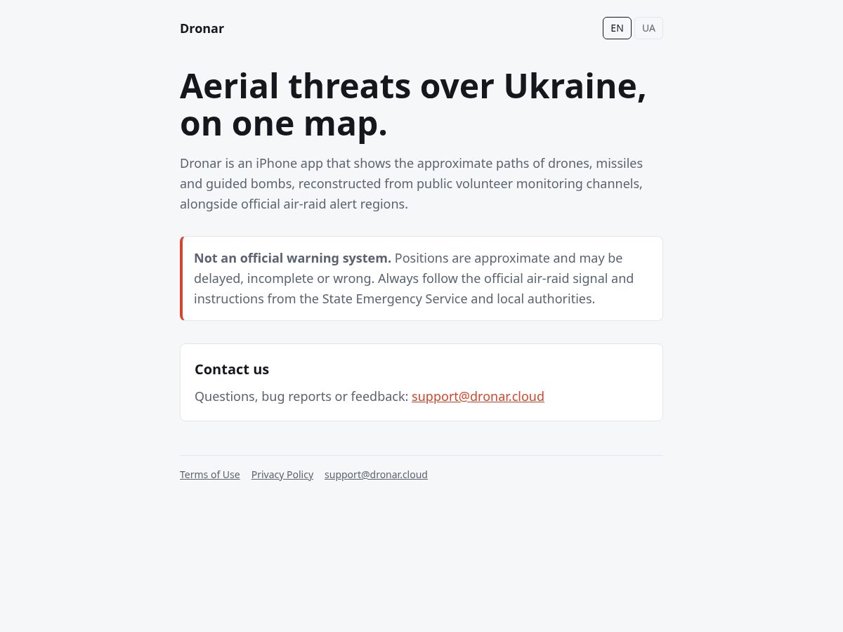 Landing-page snapshot of dronar.cloud