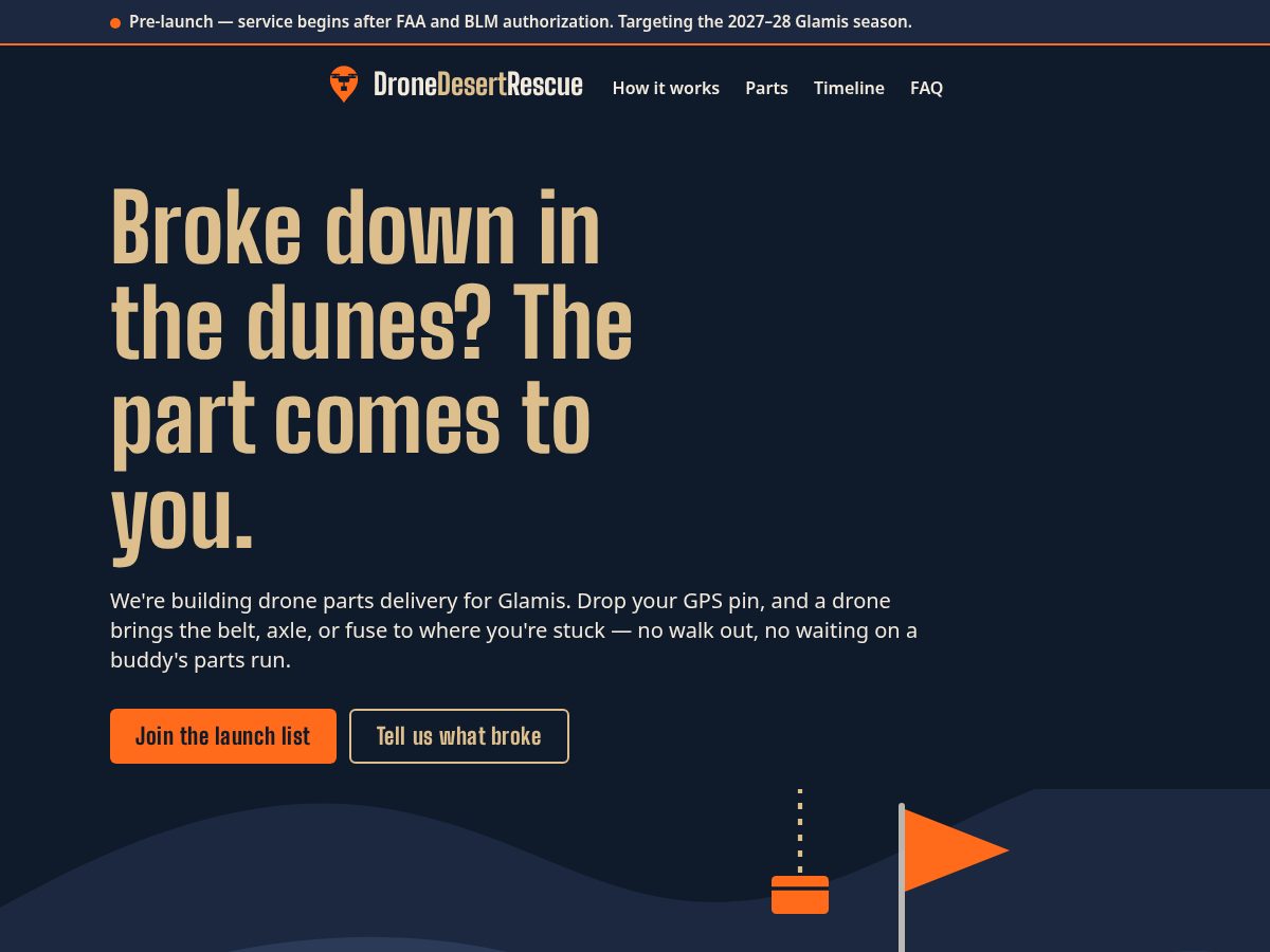 Landing-page snapshot of dronedesertrescue.com