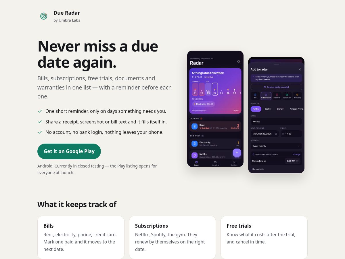 Landing-page snapshot of dueradar.online