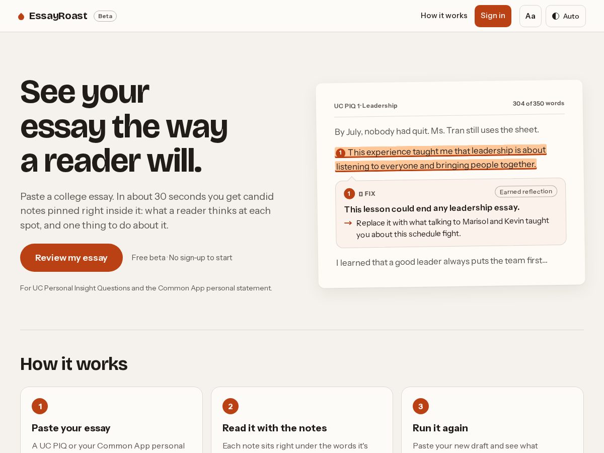 Landing-page snapshot of essayroast.com