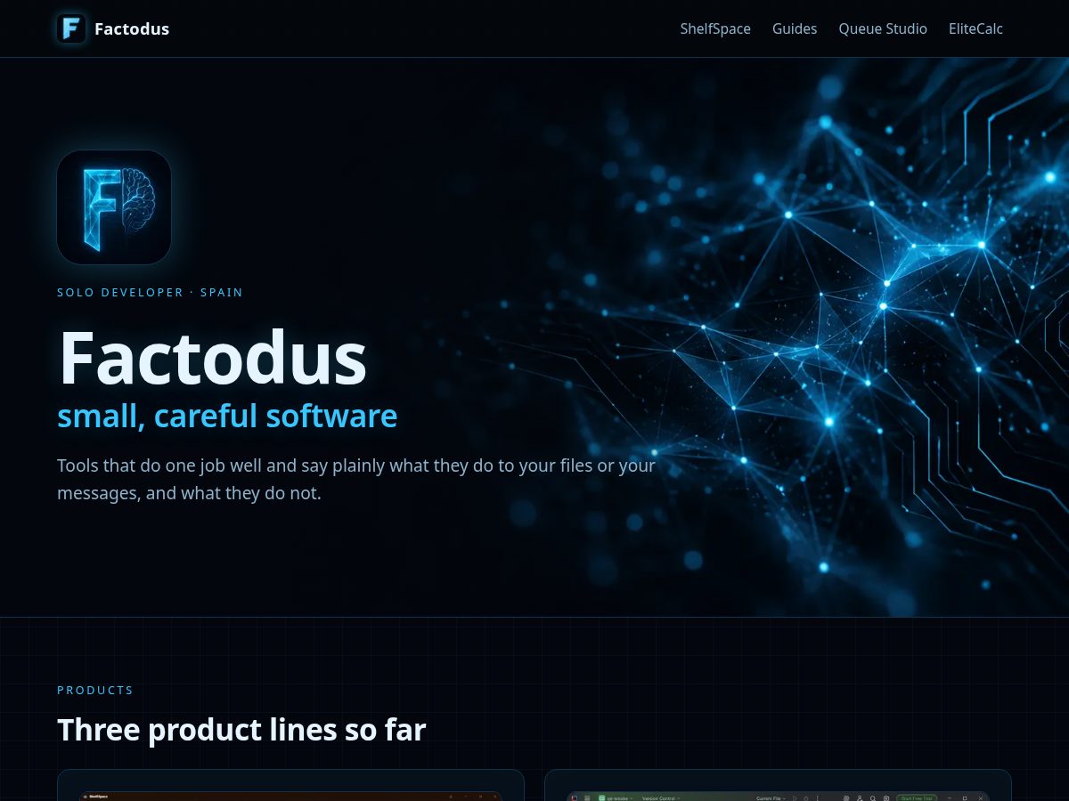 Landing-page snapshot of factodus.com