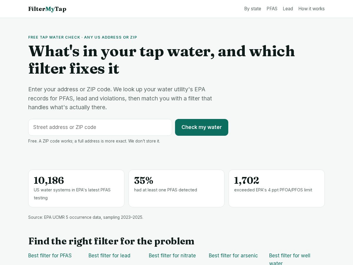 Landing-page snapshot of filtermytap.com