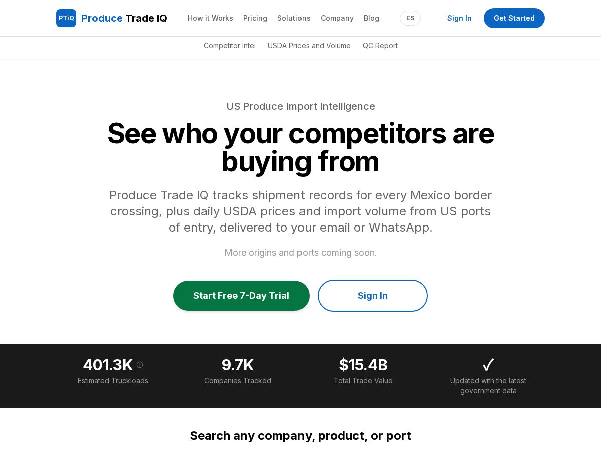 Landing-page snapshot of getproducetradeiq.com