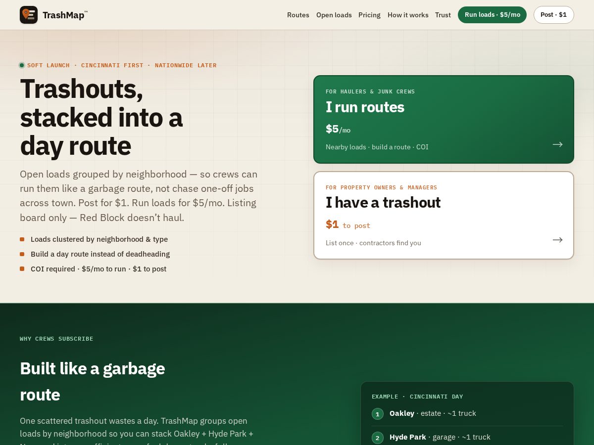 Landing-page snapshot of gettrashmap.com