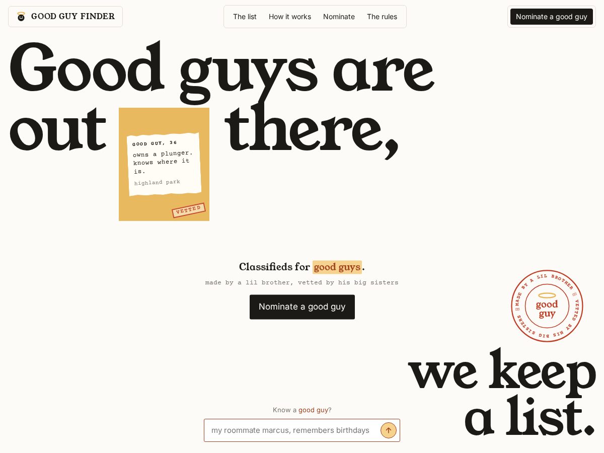Landing-page snapshot of goodguyfinder.lol