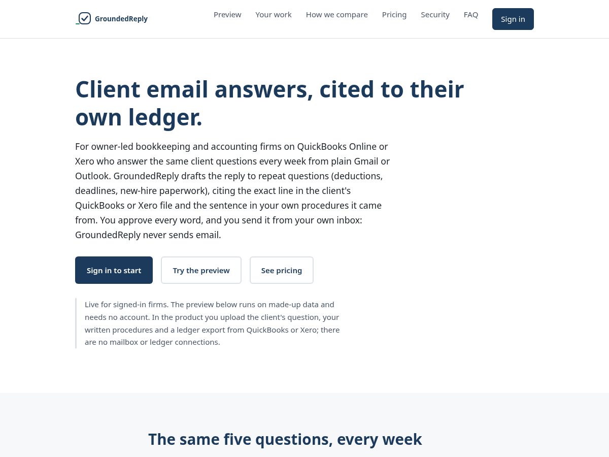 Landing-page snapshot of groundedreply.com