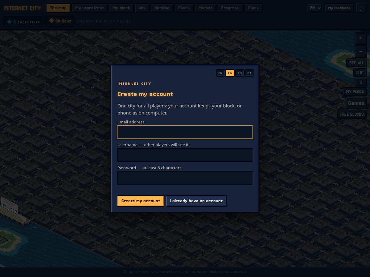 Landing-page snapshot of internetcitygame.com